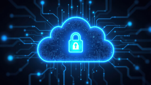 Cybersecurity protection with cloud encryption and network security design illustration.