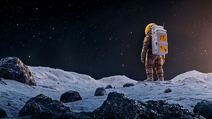 Astronaut exploring the lunar surface, gazing at the starry sky and distant planets