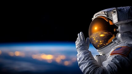 Astronaut in Space Waves Goodbye to Earth with City Lights Glimmering Below
