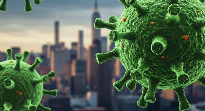 Coronavirus Outbreak in City Concept Green Virus Cells Over Urban Background