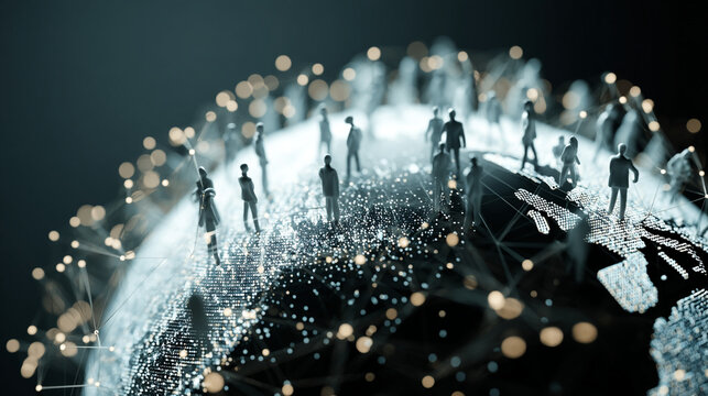 A digital globe with small figures standing on it and connected by glowing lines and bokeh lights