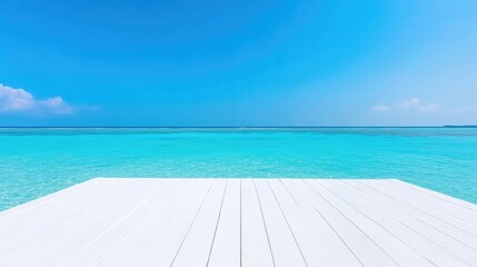 Fototapeta premium Empty white wooden deck over turquoise water, bright blue sky