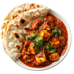 Spicy paneer tikka masala with naan, isolated on white background