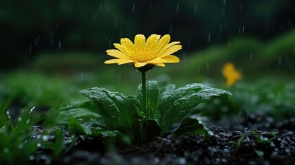 A vibrant yellow flower stands tall amidst a rain-soaked garden