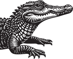 Crocodile Vector Art in Black and White – Detailed Reptile Graphic Design	