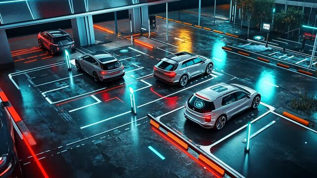 Futuristic autonomous vehicle parking seamlessly, with neon guidance for intelligent parking systems