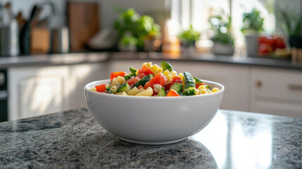 Fresh macaroni salad with colorful vegetables white bowl, beautifully presented granite countertop, evokes sense of healthy eating and home