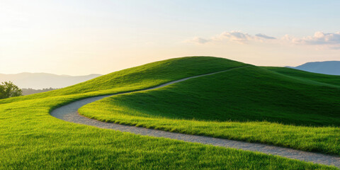 Fototapeta premium serene path winds through lush green hills under clear sky, inviting exploration and tranquility. gentle curves of landscape create peaceful atmosphere, perfect for leisurely stroll