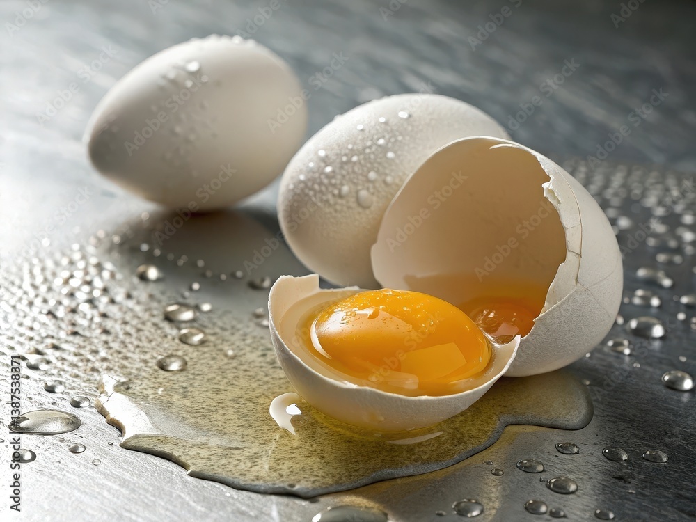 Poster two eggs with yolks visible, one cracked open, sitting on a wet surface.