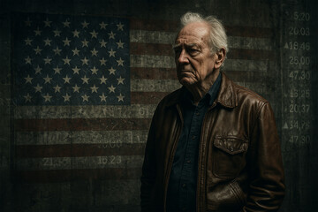 Naklejka premium 荒れた星条旗を背に立つ高齢男性と経済回復の記憶