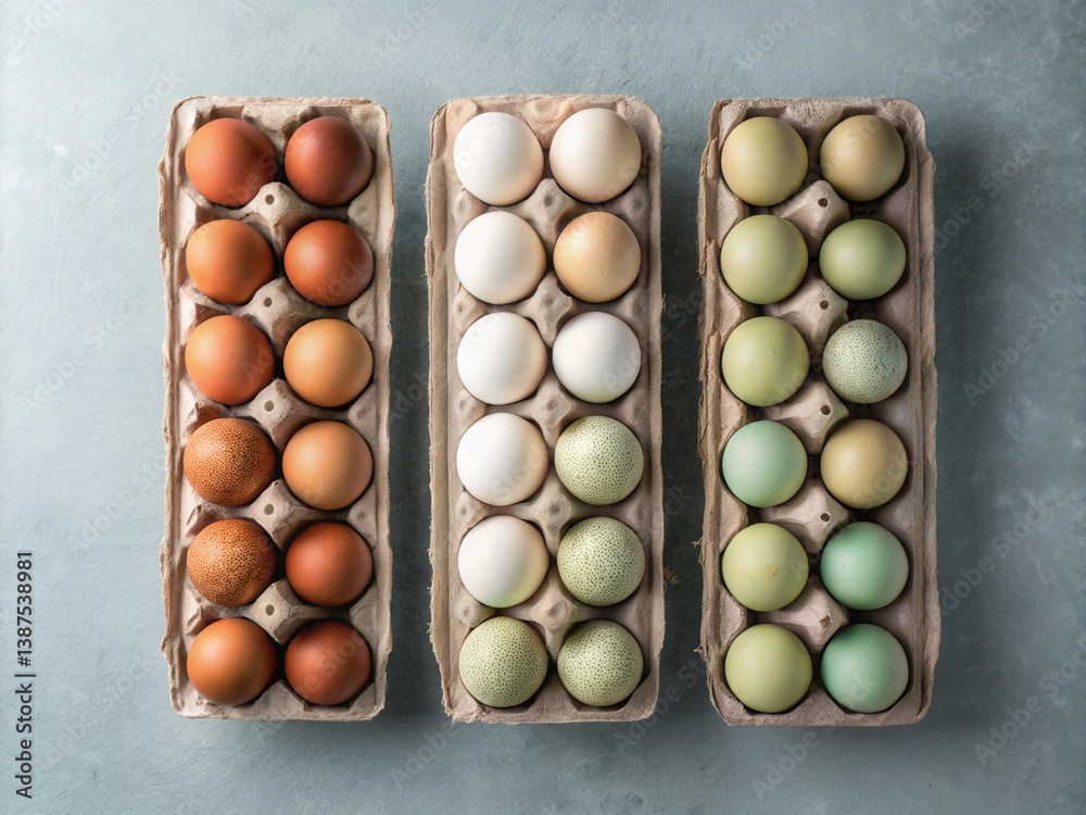 Poster three cartons of brown eggs with varying shades of color in each carton.
