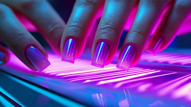 Close-up of hands getting a vibrant neon gel manicure under a UV nail curing lamp in a beauty salon.
