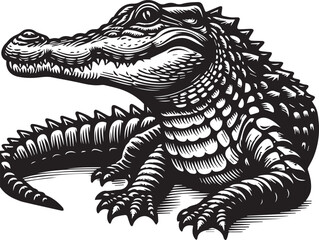 Crocodile Vector Art in Black and White – Detailed Reptile Graphic Design	