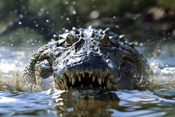Crocodile is swimming in the water with its mouth open