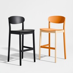 Modern Minimalist Black and Orange Bar Stools on White Background
