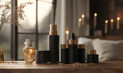 Elegant skincare products arranged on a rustic table with soft lighting and decorative elements.