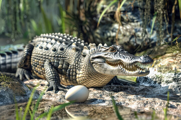 Fototapeta premium Large alligator is standing in a pond with an egg in its mouth
