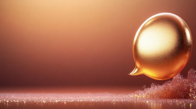 A shiny golden speech bubble is placed delicately on a reflective, sparkling surface, illuminated by a warm ambient light