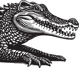Crocodile Vector Art in Black and White – Detailed Reptile Graphic Design	