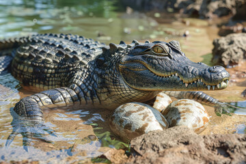 Obraz premium Crocodile laying in the water with a baby crocodile on its back