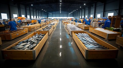Busy fish market with workers organizing fresh seafood in wooden crates under bright lights