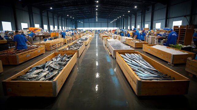 Busy fish market with workers organizing fresh seafood in wooden crates under bright lights