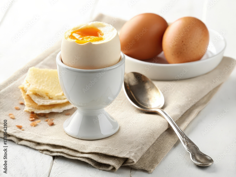 Poster soft boiled egg in egg cup with revealed yolk spoon nearby toast pieces on napkin and two whole eggs