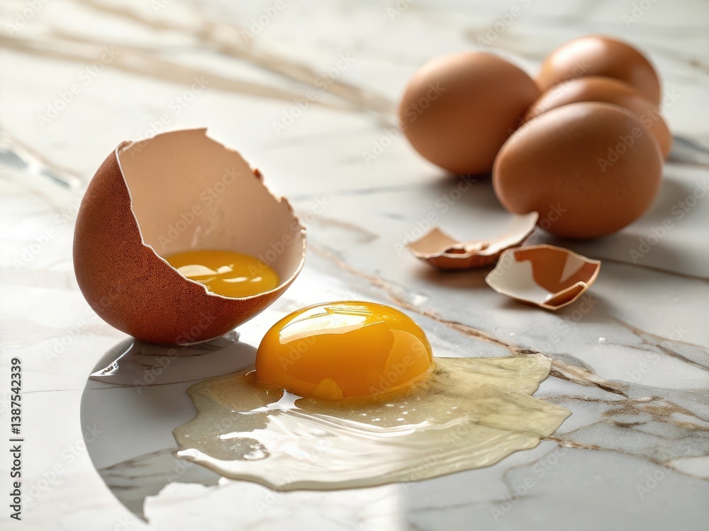 Poster cracked egg spilled on marble surface with broken shell pieces and four whole eggs in the background creating a textural contrast