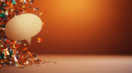 A golden speech bubble floats amidst vibrant confetti, set against a warm backdrop, evoking a festive and celebratory atmosphere