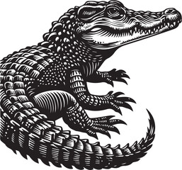 Crocodile Vector Art in Black and White – Detailed Reptile Graphic Design	
