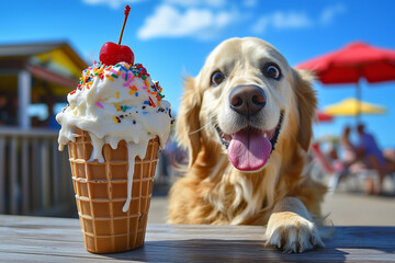 Golden retriever excited by ice cream cone with cherry and sprinkles on summer day, playful outdoor theme, concept of joy and treats for pet and food promotions