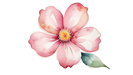 Pink Watercolor Flower with Leaf Isolated on White Background Illustration