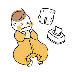オムツ替えグッズと赤ちゃんのイラスト（泣き顔）