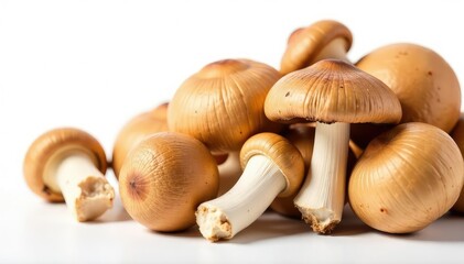 Fototapeta premium Crisp white background showcases various dried mushrooms , closeup, savory, still life