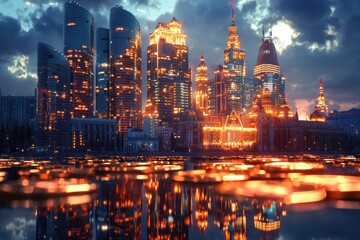 Fototapeta premium Stunning City Skyline at Dusk with Reflections on Water Surface