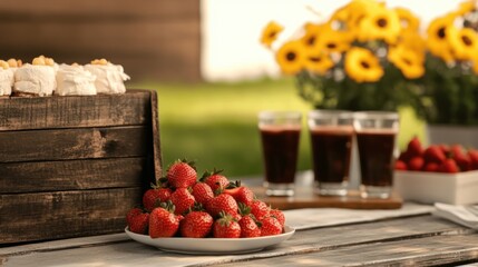A variety of fresh strawberries are displayed on a plate alongside desserts and refreshing drinks, all in a sunny garden during summer