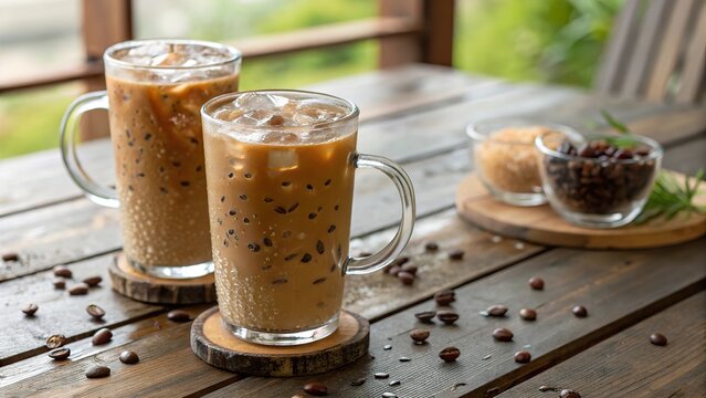 Delicious iced coffee served in double-walled glass mugs on a rustic wooden table with coffee beans and sugar nearby