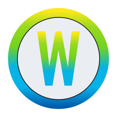 Vibrant Lemon Yellow, Soft Leaf Green, and Bright Sky Blue Gradient Capital Letter W in a Pure White Circle Framed by a Seamlessly Blended Color Gradient Border