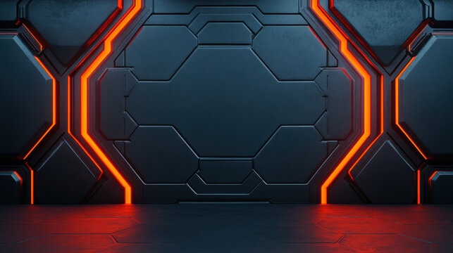 Futuristic sci fi wall with hexagonal patterns and glowing orange lines creates striking visual. sleek design and modern aesthetic evoke sense of advanced technology and innovation