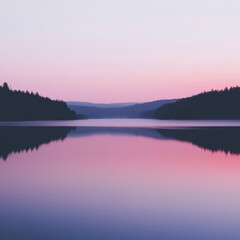 Obraz premium Tranquil twilight reflections on calm lake with forested shoreline