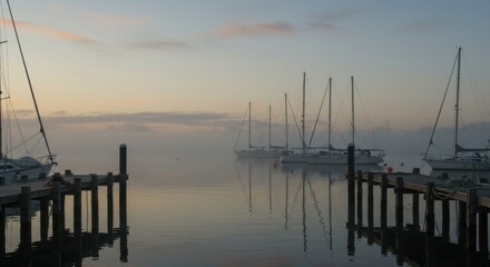 Obraz premium Fog shrouds a calm harbor, partially obscuring sailboats moored between wooden docks at dawn or dusk