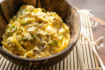 Close-up creamy mushroom udon ramen traditional asian