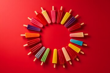 6 popsicles arranged in the shape of an octagon on a red background, product photography, colorful