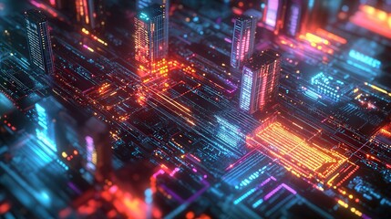 Obraz premium In this 3D concept, a sprawling data center is depicted with modern technology, showcasing interconnected servers and vibrant LED lights