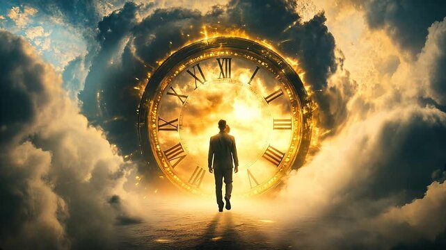 Hombre entrando en un portal del tiempo con reloj gigante &ndash; Movimiento lento y nubes en bucle cinematogr&aacute;fico