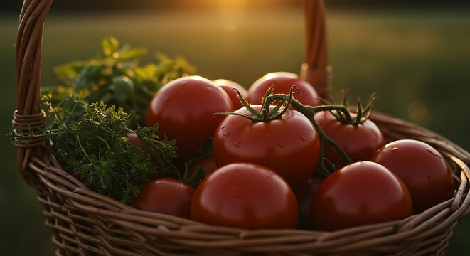 Fresh Tomatoes and Herbs in Basket at Sunset with Golden Light - Powered by Adobe