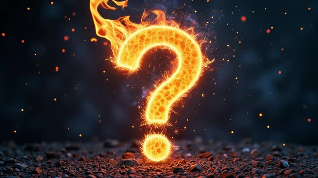 A fiery question mark emerges from a dark background, symbolizing curiosity and inquiry through flames and sparks