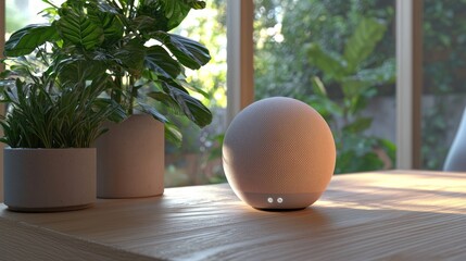 Elegant Echo Dot (5th Gen) Smart Speaker on Wooden Table next to Plants