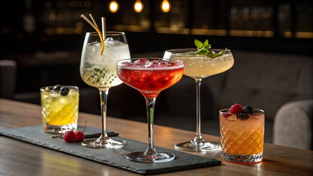 Specialty cocktails served in artfully crafted hand blown glassware at an upscale bar during a lively evening gathering