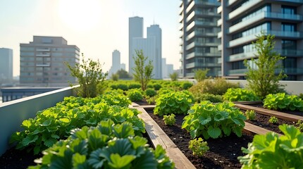 Fototapeta premium Urban Greening rooftop with lush city skyline